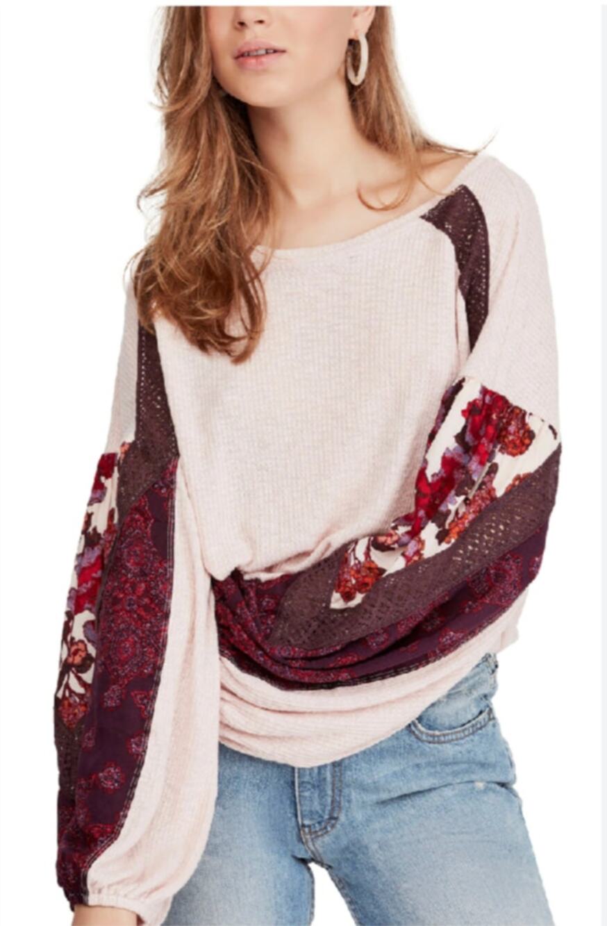 FREE PEOPLE Pink Burgundy Casual Clash Top Floral Waffle Knit Boat Neck Medium M